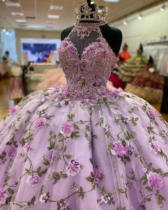 Lavender 3D Flower Quinceanera Dress Halter Sweetheart Neck Ball Gown Corset Back AD1359-Quinceanera Dresses 2026-Viniodress-Lavender-Custom Size-