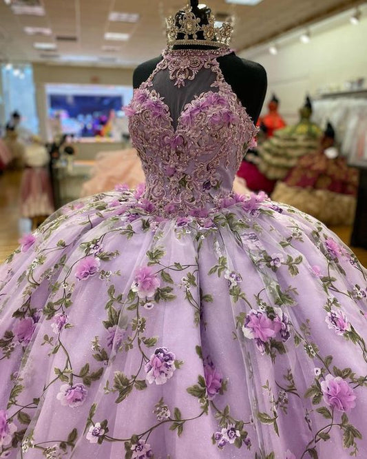 Lavender 3D Flower Quinceanera Dress Halter Sweetheart Neck Ball Gown Corset Back AD1359-Quinceanera Dresses 2026-Viniodress-Lavender-Custom Size-