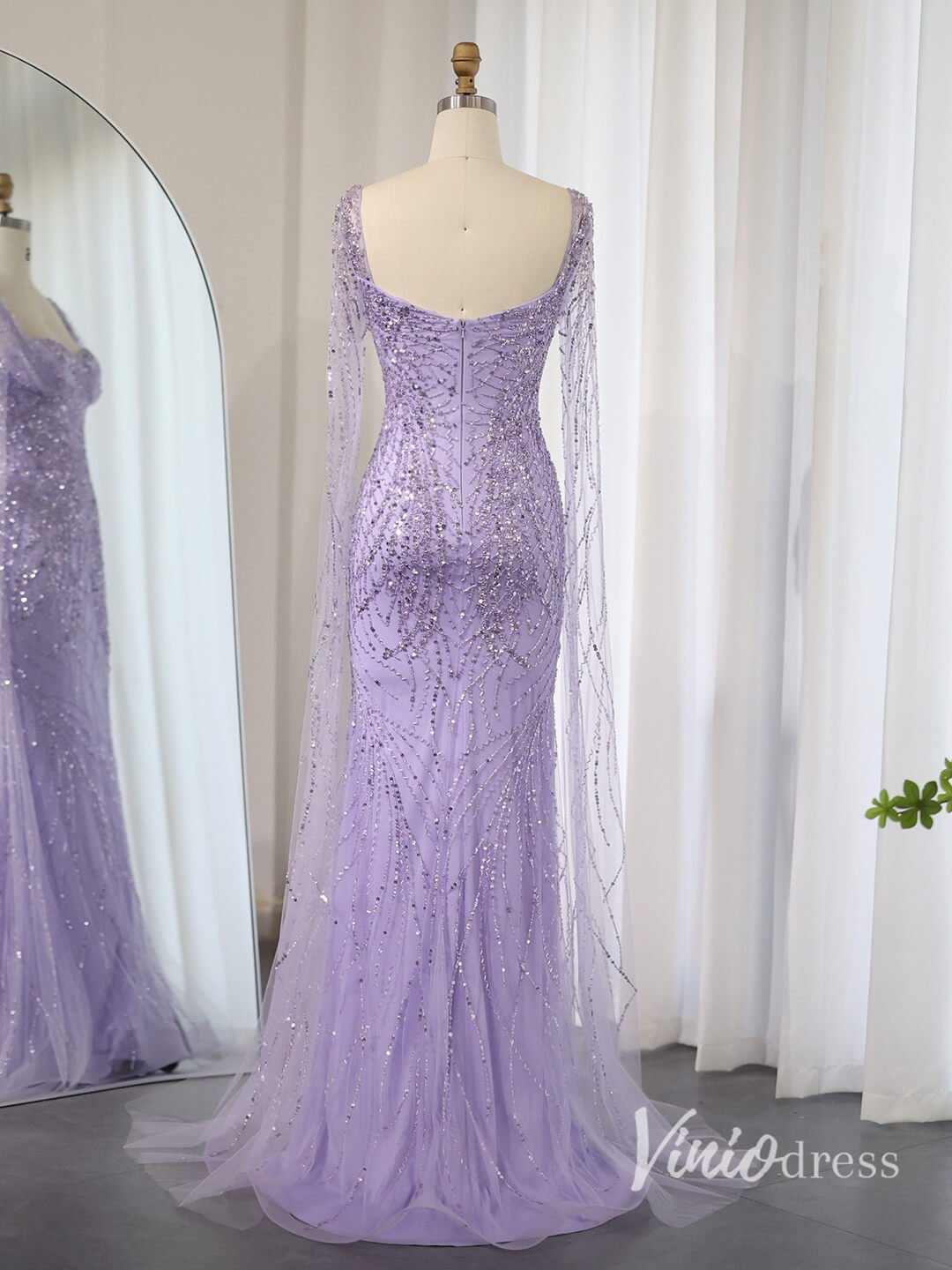 Lavender Beaded Mermaid Evening Dresses Extra Long Sleeve Pageant Dress AD1152-Evening Dresses 2025 -Viniodress-Lavender-US 2-