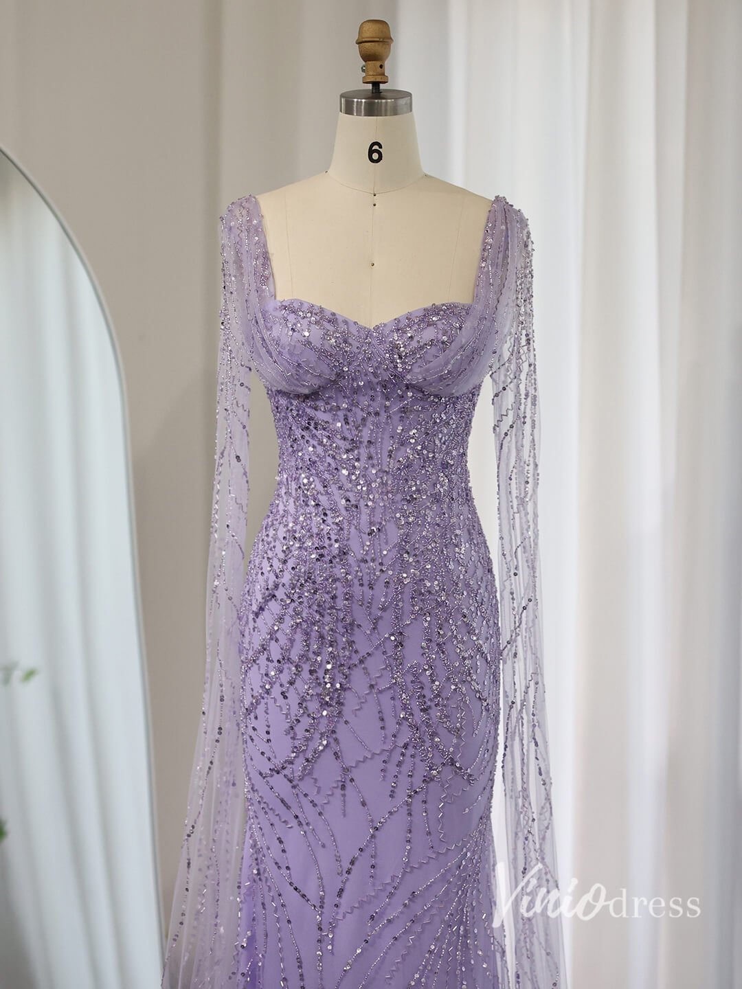 Lavender Beaded Mermaid Evening Dresses Extra Long Sleeve Pageant Dress AD1152-Evening Dresses 2025 -Viniodress-Lavender-US 2-