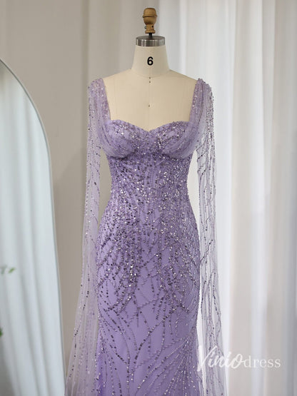Lavender Beaded Mermaid Evening Dresses Extra Long Sleeve Pageant Dress AD1152-Evening Dresses 2025 -Viniodress-Lavender-US 2-