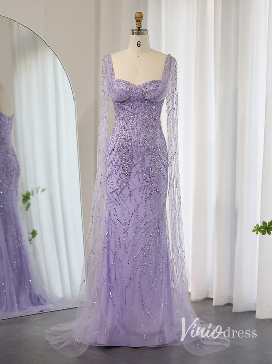 Lavender Beaded Mermaid Evening Dresses Extra Long Sleeve Pageant Dress AD1152-Evening Dresses 2025 -Viniodress-Lavender-US 2-