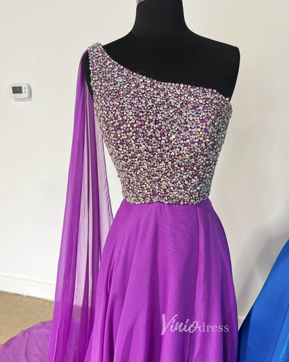 Lavender Beaded One Shoulder Prom Dresses Tulle Formal Dress FD3603-prom dresses 2025 -Viniodress-Blue-Custom Size-