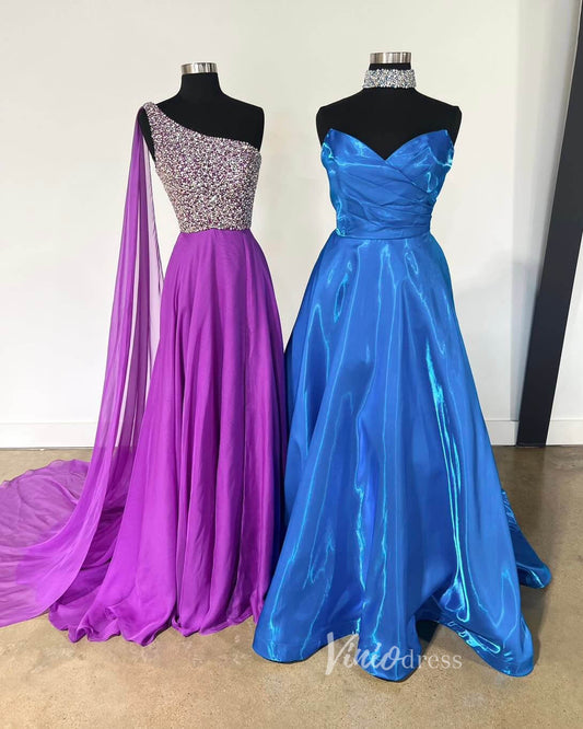 Lavender Beaded One Shoulder Prom Dresses Tulle Formal Dress FD3603-prom dresses 2025 -Viniodress-Blue-Custom Size-