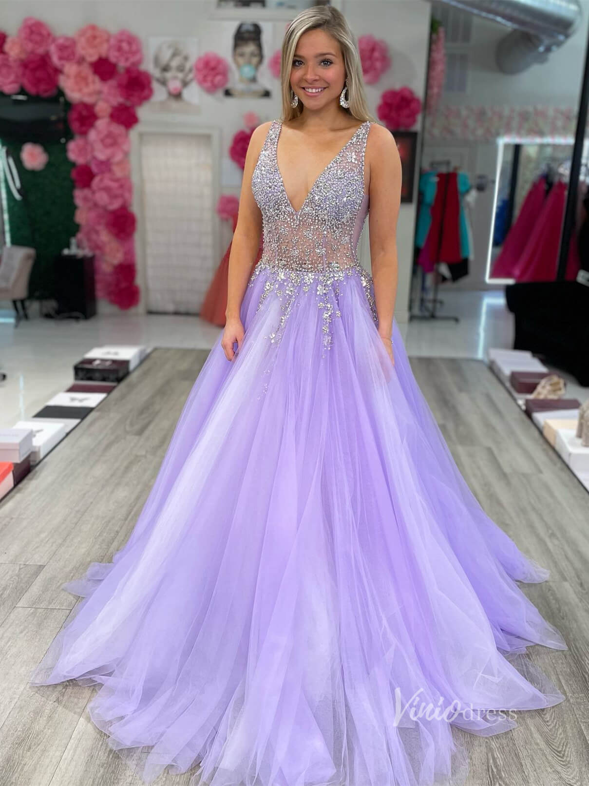 Lavender Beaded Prom Dresses 2024 V-Neck Formal Gown FD3319-prom dresses 2025 -Viniodress-Lavender-Custom Size-