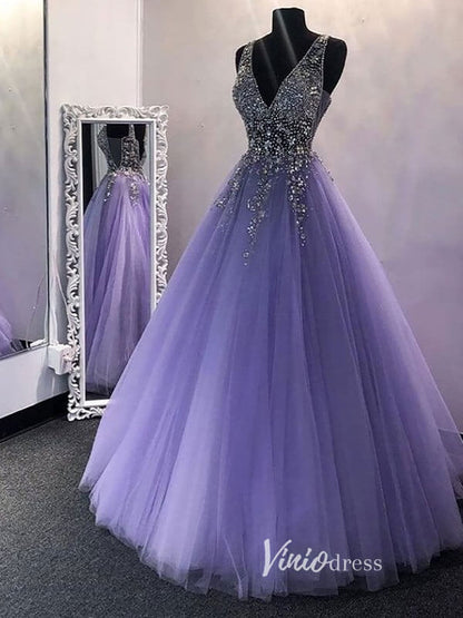 Lavender Beaded Prom Dresses 2024 V-Neck Formal Gown FD3319-prom dresses 2025 -Viniodress-Lavender-Custom Size-