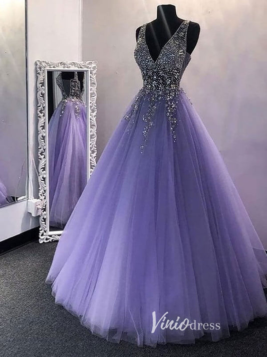 Lavender Beaded Prom Dresses 2024 V-Neck Formal Gown FD3319-prom dresses 2025 -Viniodress-Lavender-Custom Size-