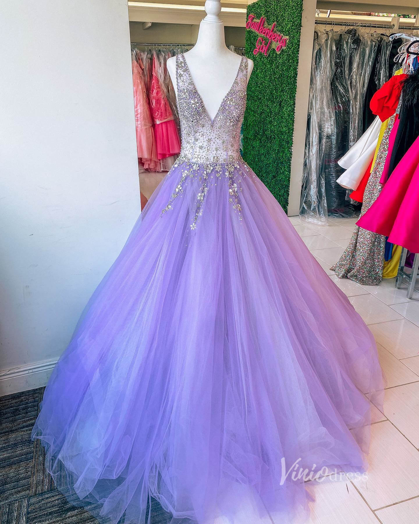 Lavender Beaded Prom Dresses 2024 V-Neck Formal Gown FD3319-prom dresses-Viniodress-Viniodress