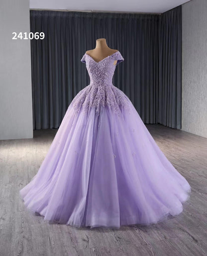 Lavender Beaded Sequin Wedding Gowns Off the Shoulder Quince Dress 241069-Quinceanera Dresses 2025 -Viniodress-Lavender-Custom Size-