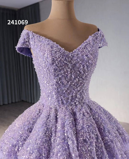 Lavender Beaded Sequin Wedding Gowns Off the Shoulder Quince Dress 241069-Quinceanera Dresses 2025 -Viniodress-Lavender-Custom Size-