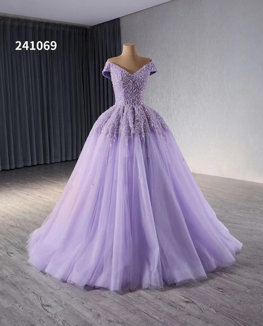 Lavender Beaded Sequin Wedding Gowns Off the Shoulder Quince Dress 241069 - ViniodressQuinceanera DressesLavenderCustom Size - Formal Dresses - Ball Gowns