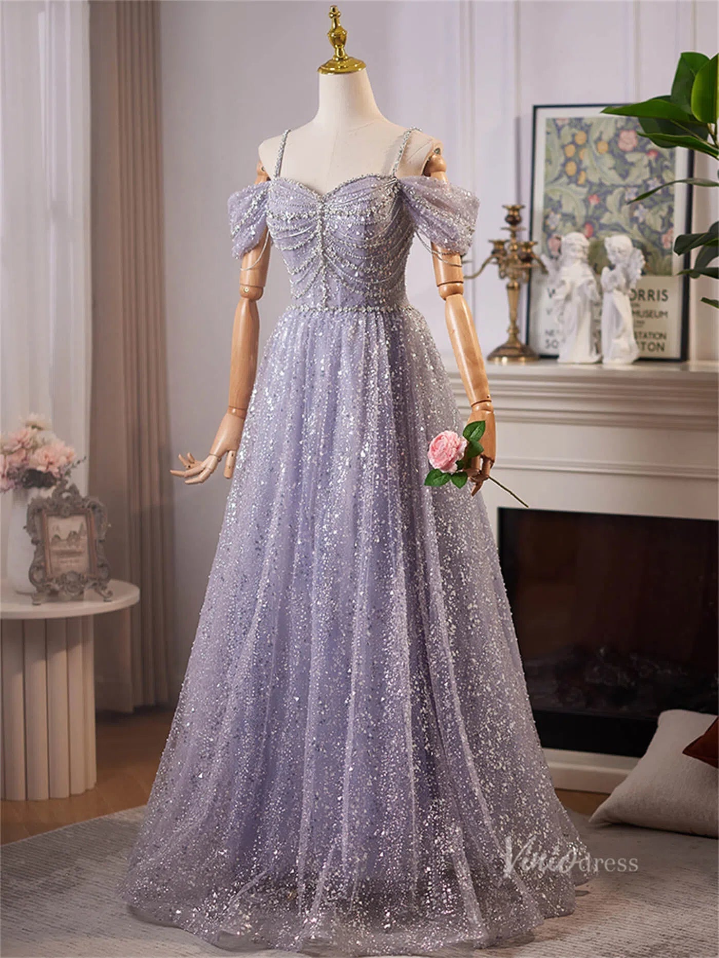 Lavender Blue Off the Shoulder Spaghetti Strap Prom Dresses Beaded Lace Formal Dress BJ061-prom dresses 2025 -Viniodress-Lavender-Custom Size-