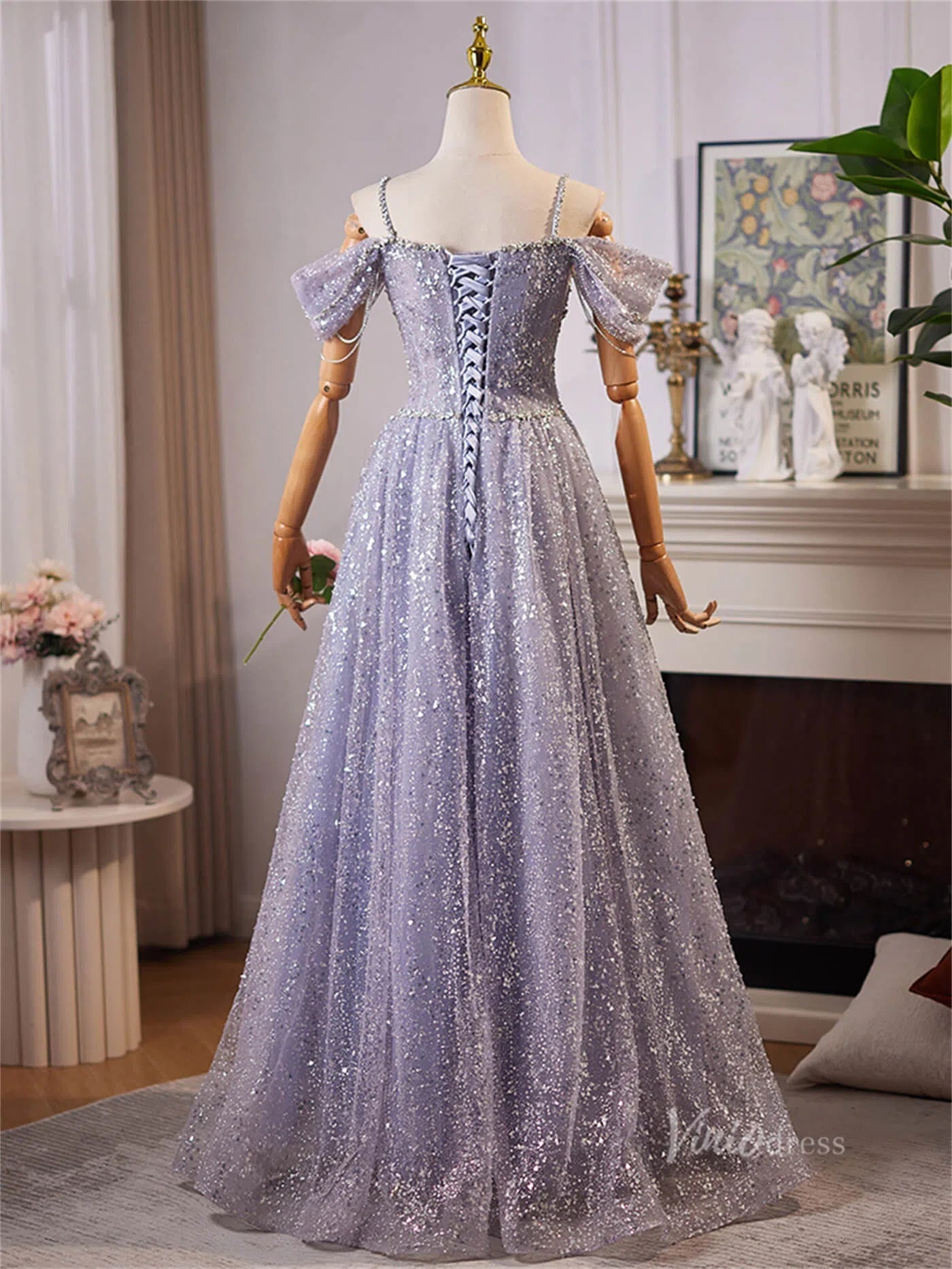 Lavender Blue Off the Shoulder Spaghetti Strap Prom Dresses Beaded Lace Formal Dress BJ061-prom dresses 2025 -Viniodress-Lavender-Custom Size-