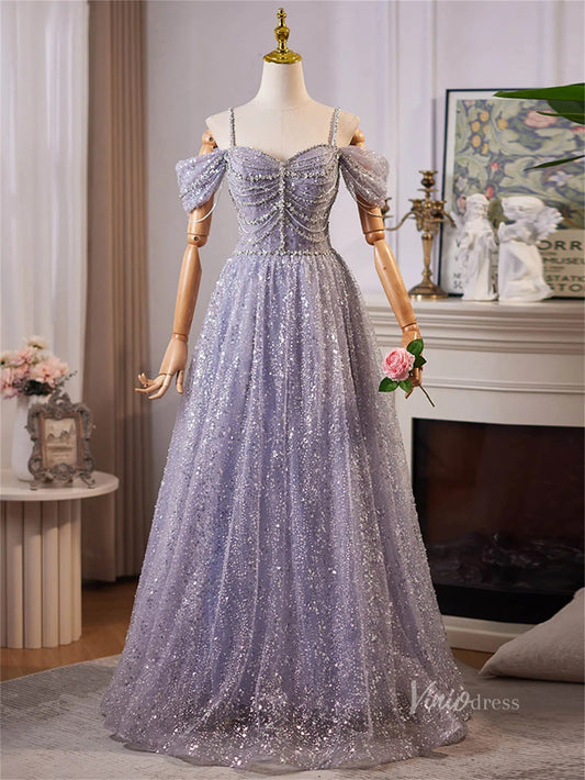 Lavender Blue Off the Shoulder Spaghetti Strap Prom Dresses Beaded Lace Formal Dress BJ061-prom dresses 2025 -Viniodress-Lavender-Custom Size-