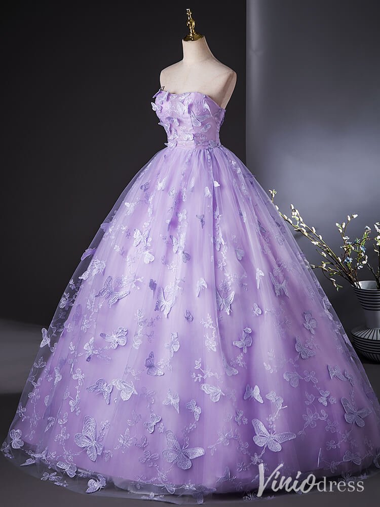 Lavender Butterfly Lace Applique Quinceanera Dresses Strapless Ball Go – Viniodress Lavender Butterfly Lace Applique Quinceanera Dresses Strapless Ball Go – Viniodress