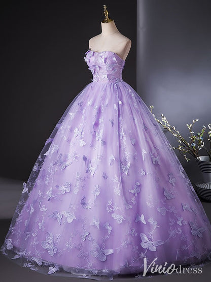 Lavender Butterfly Lace Applique Quinceanera Dresses Strapless Ball Gown AD1386-prom dresses 2025 -Viniodress-Lavender-Custom Size-