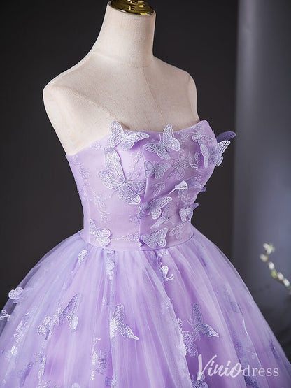 Lavender Butterfly Lace Applique Quinceanera Dresses Strapless Ball Gown AD1386-prom dresses 2025 -Viniodress-Lavender-Custom Size-