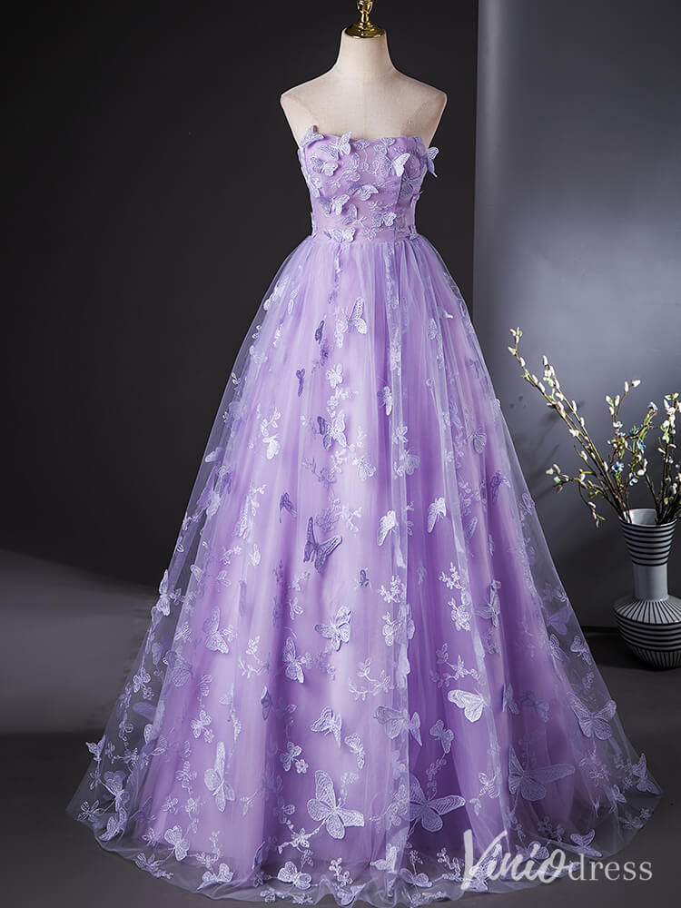 Lavender Butterfly Lace Applique Quinceanera Dresses Strapless Ball Gown AD1386-prom dresses 2025 -Viniodress-Lavender-Custom Size-