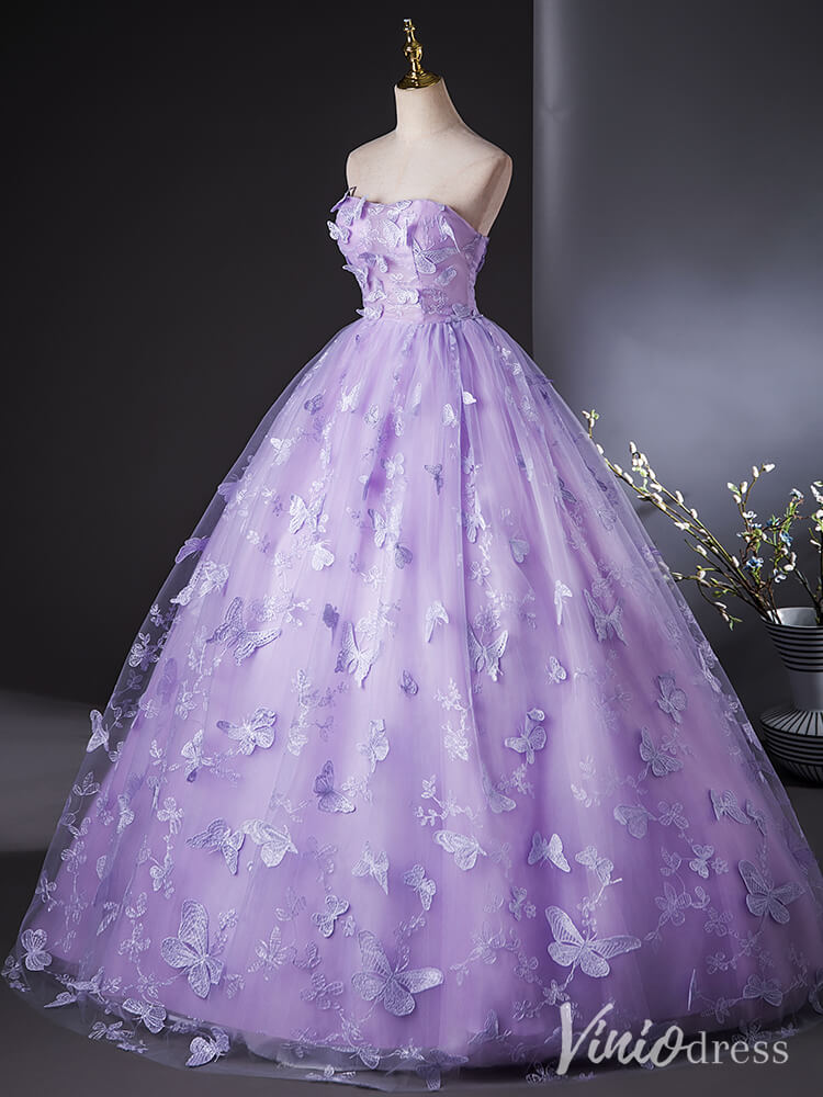 Lavender Butterfly Lace Applique Quinceanera Dresses Strapless Ball Gown AD1386-prom dresses-Viniodress-Viniodress