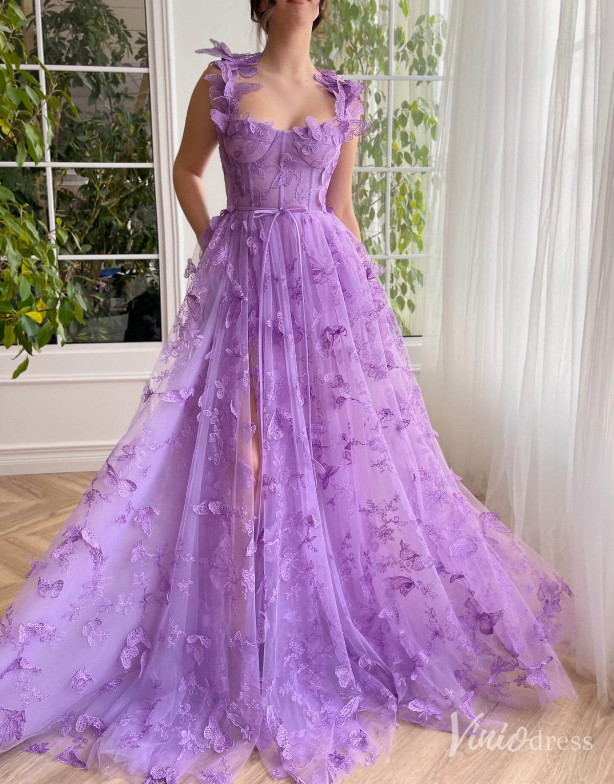 Lavender Butterfly Prom Dresses with Pockets Sheer Formal Gown with Slit TO020-prom dresses-Viniodress-Lavender-Custom Size-Viniodress