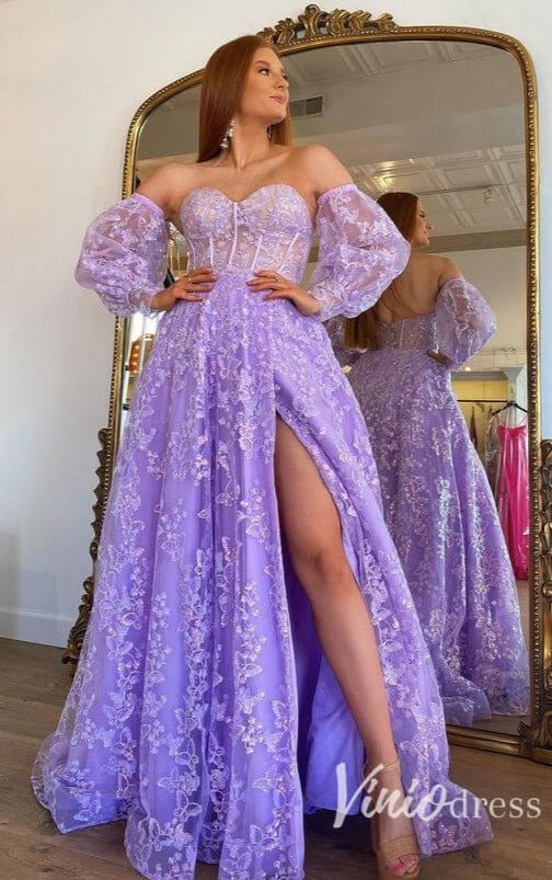Lavender Butterfly Prom Dresses with Slit Removable Sleeve Formal Gown FD3318-prom dresses 2025 -Viniodress-Lavender-Custom Size-