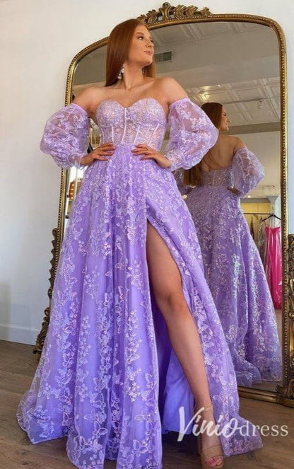Lavender Butterfly Prom Dresses with Slit Removable Sleeve Formal Gown FD3318-prom dresses 2025 -Viniodress-Lavender-Custom Size-