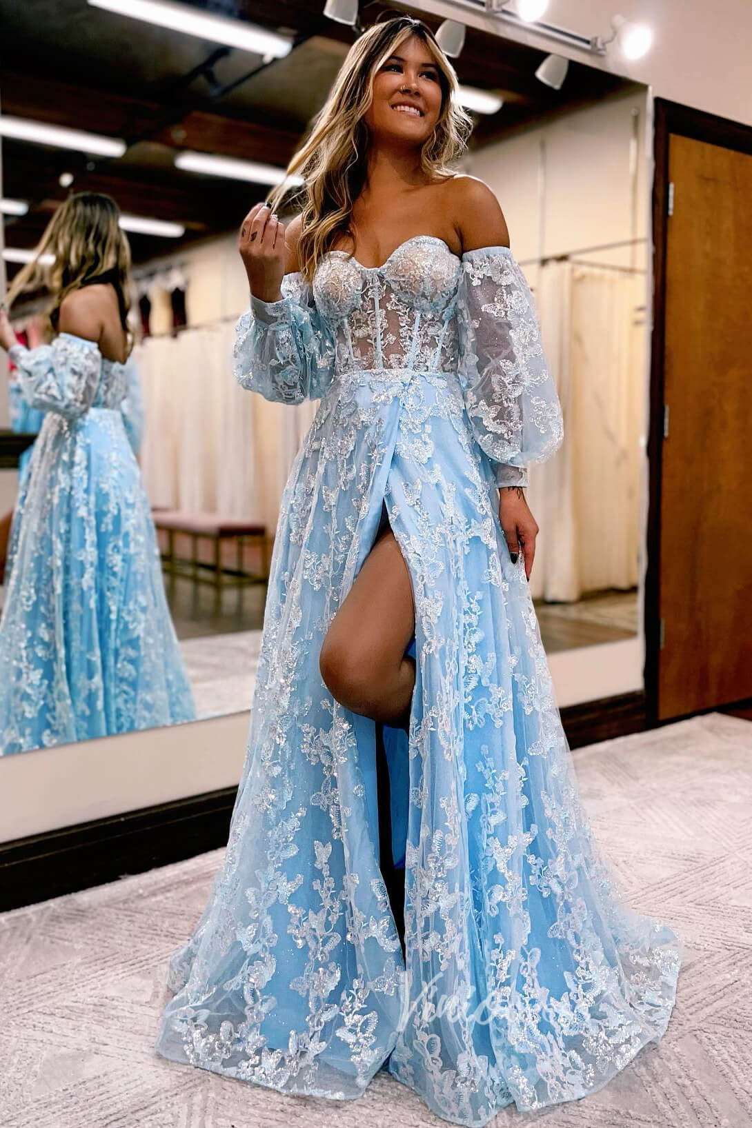 Prom Dress 2025 Lavender Butterfly Prom Dresses with Slit Removable Sleeve Formal Gown FD3318-unique prom dresses-Light Blue-Custom Size-Viniodress