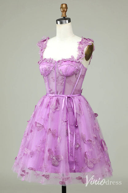 Lavender Butterfly Spaghetti Strap Homecoming Dresses Lace Sheer Back to School Dress S24081-Homecoming Dresses 2025 -Viniodress-Lavender-Custom Size-