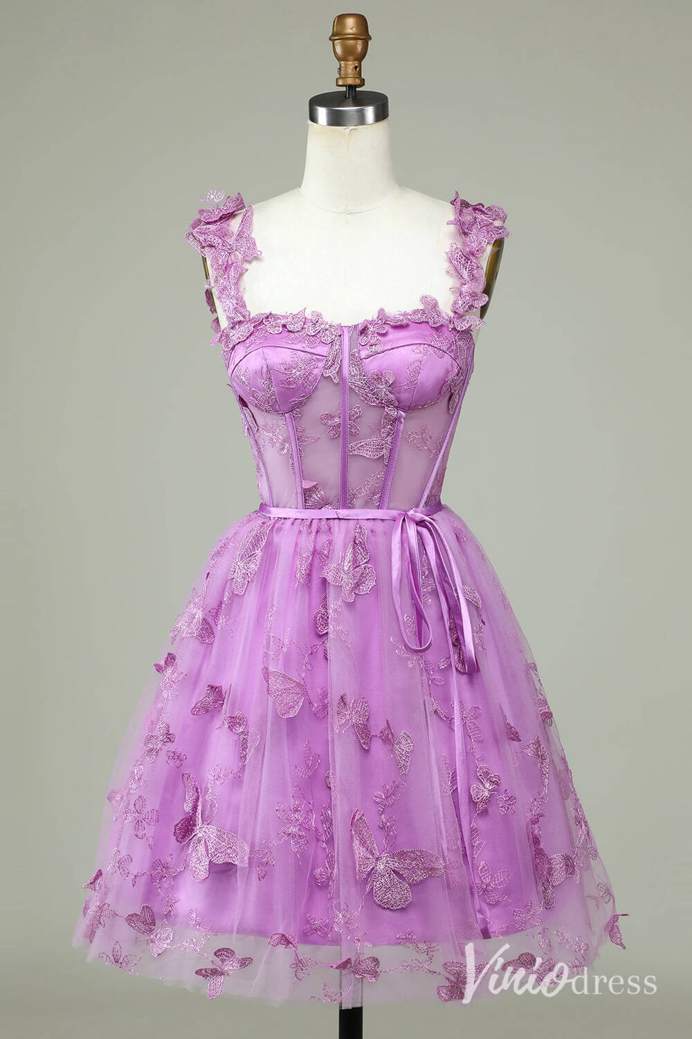 Lavender Butterfly Spaghetti Strap Homecoming Dresses Lace Sheer Back to School Dress S24081-Homecoming Dresses 2025 -Viniodress-Lavender-Custom Size-