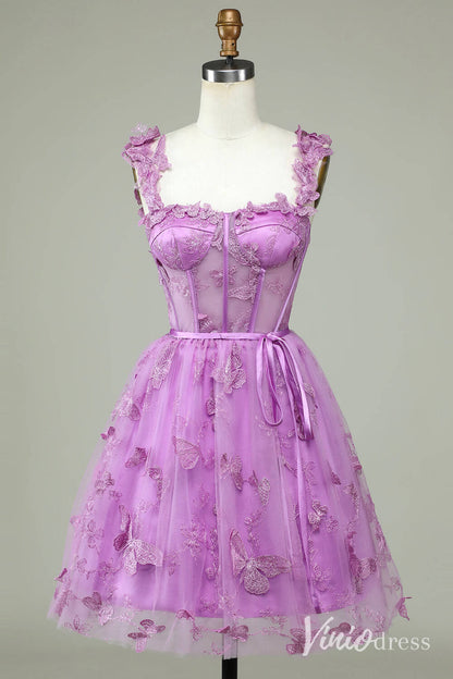 Lavender Butterfly Spaghetti Strap Homecoming Dresses Lace Sheer Back to School Dress S24081-Homecoming Dresses 2025 -Viniodress-Lavender-Custom Size-