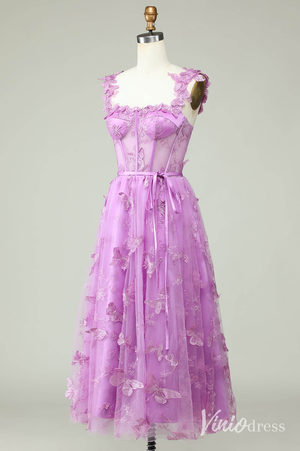 Lavender Butterfly Spaghetti Strap Homecoming Dresses Sheer Lace Maxi Dress S24080-Homecoming Dresses 2025 -Viniodress-Lavender-Custom Size-