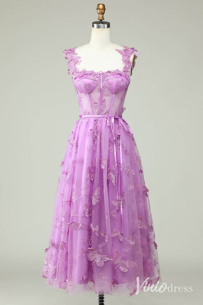 Lavender Butterfly Spaghetti Strap Homecoming Dresses Sheer Lace Maxi Dress S24080-Homecoming Dresses 2025 -Viniodress-Lavender-Custom Size-