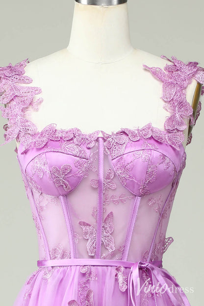 Lavender Butterfly Spaghetti Strap Homecoming Dresses Sheer Lace Maxi Dress S24080-Homecoming Dresses 2025 -Viniodress-Lavender-Custom Size-