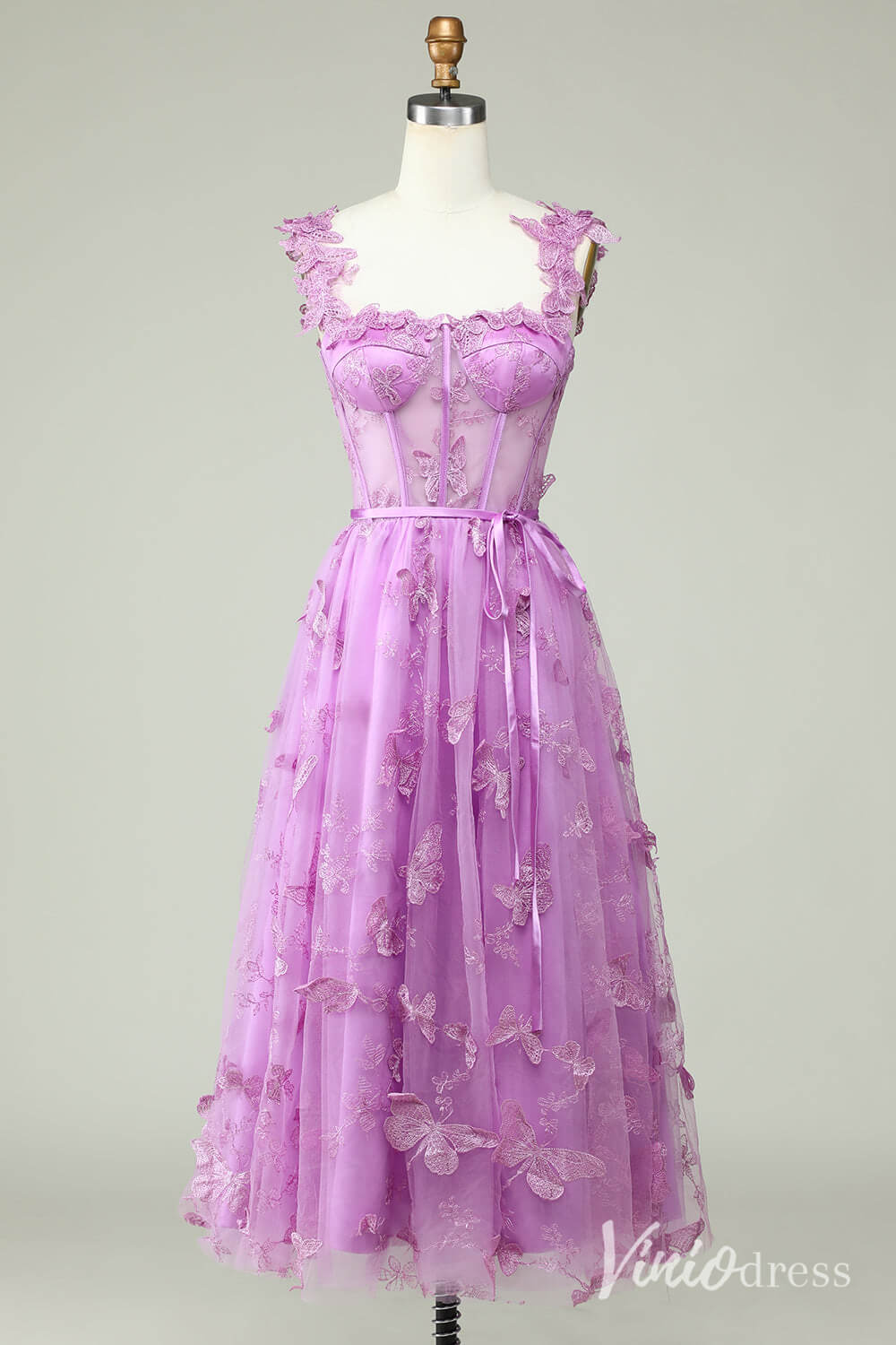 Lavender Butterfly Spaghetti Strap Homecoming Dresses Sheer Lace Maxi Dress S24080-Homecoming Dresses 2025 -Viniodress-Lavender-Custom Size-