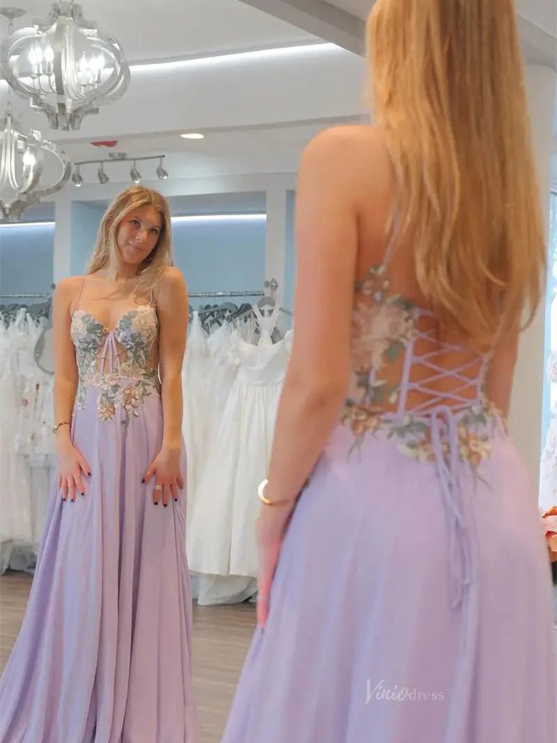 Lavender Chiffon Prom Dresses 2025 Spaghetti Strap Formal Gown with Floral Lace - FD5115-prom dresses 2025 -Viniodress-Lavender-Custom Size-