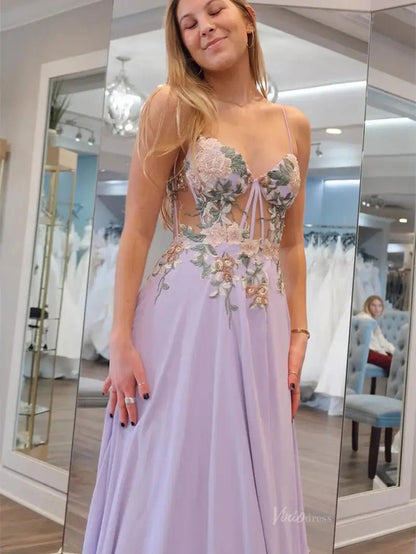 Lavender Chiffon Prom Dresses 2025 Spaghetti Strap Formal Gown with Floral Lace - FD5115-prom dresses 2025 -Viniodress-Lavender-Custom Size-