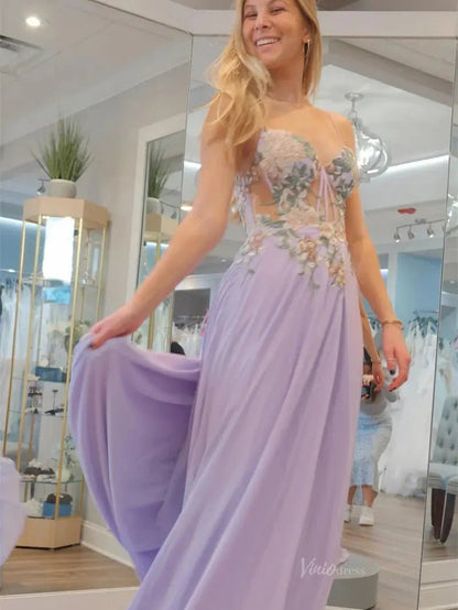 Lavender Chiffon Prom Dresses 2025 Spaghetti Strap Formal Gown with Floral Lace - FD5115-prom dresses 2025 -Viniodress-Lavender-Custom Size-
