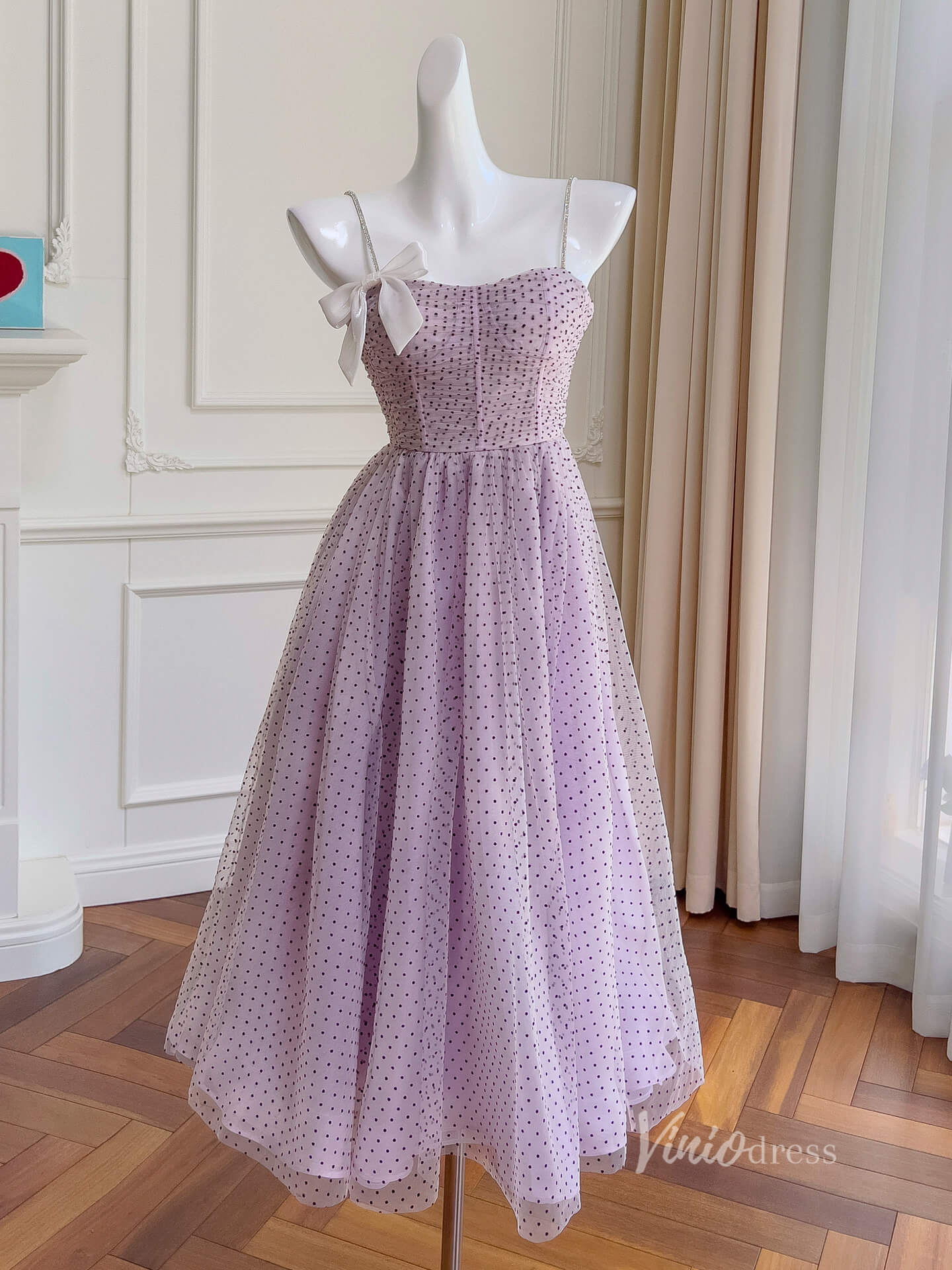 Lavender Dotted Tulle Prom Dresses Bow Spaghetti Strap Maxi Dress FD4024-prom dresses 2025 -Viniodress-Lavender-Custom Size-