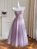 Lavender Dotted Tulle Prom Dresses Bow Spaghetti Strap Maxi Dress FD4024-prom dresses-Viniodress-Viniodress