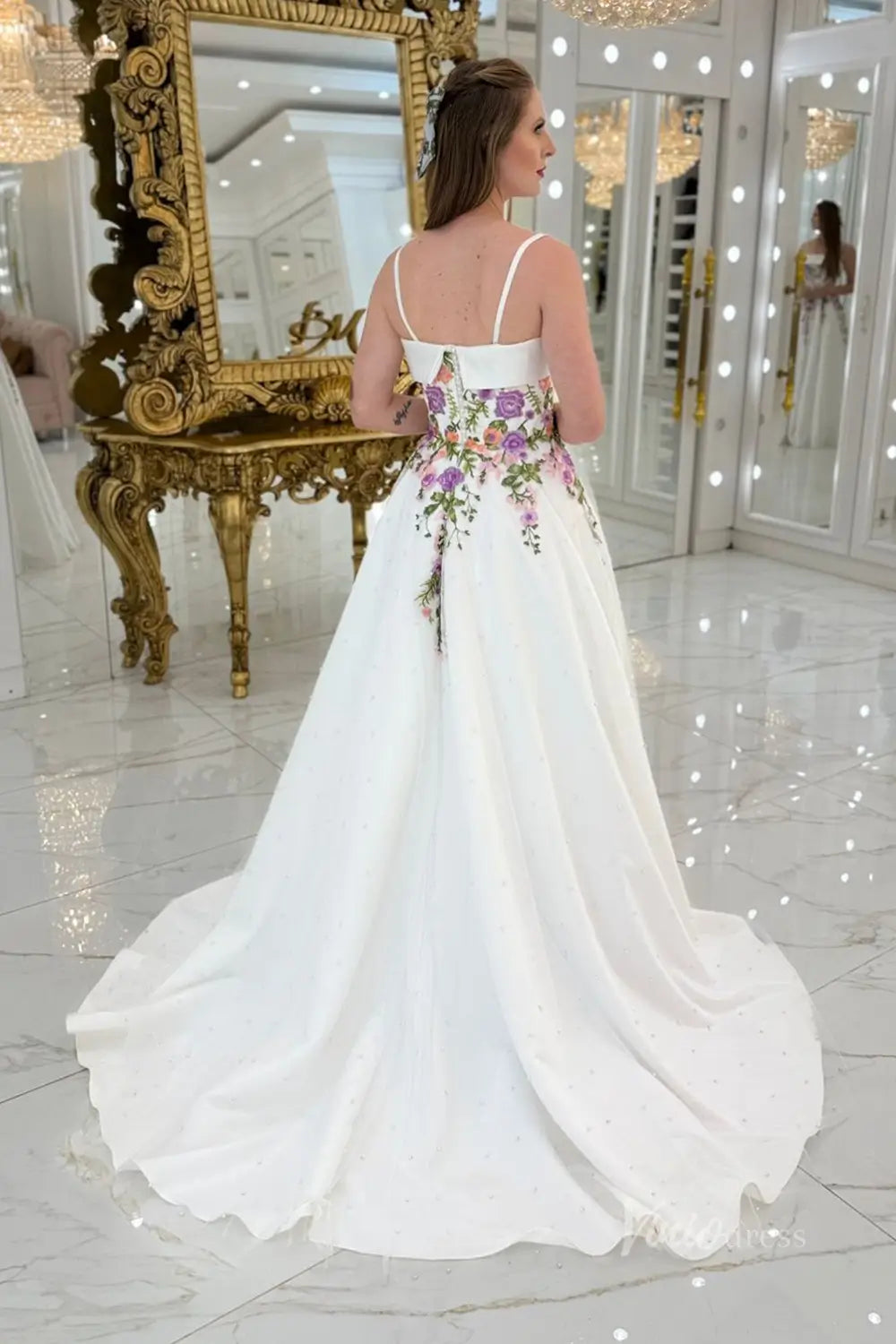 Lavender Floral Embroidered A-Line Wedding Dress with Satin Neckline, Spaghetti Straps & Pearls– FW249-wedding dresses 2025 -Viniodress-Ivory-Dress Only-Custom Size