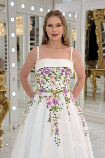Lavender Floral Embroidered A-Line Wedding Dress with Satin Neckline, Spaghetti Straps & Pearls– FW249-wedding dresses 2025 -Viniodress-Ivory-Dress Only-Custom Size