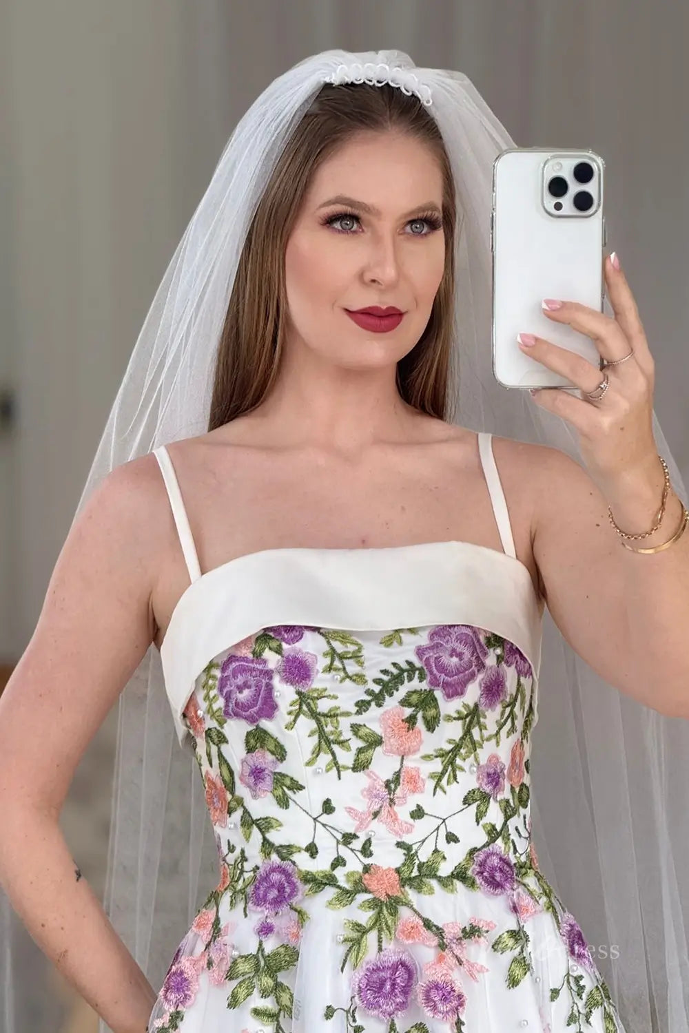 Lavender Floral Embroidered A-Line Wedding Dress with Satin Neckline, Spaghetti Straps & Pearls– FW249-wedding dresses 2025 -Viniodress-Ivory-Dress Only-Custom Size