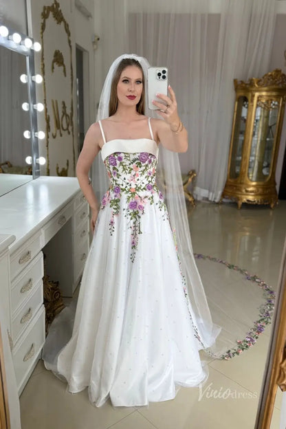 Lavender Floral Embroidered A-Line Wedding Dress with Satin Neckline, Spaghetti Straps & Pearls– FW249-wedding dresses 2025 -Viniodress-Ivory-Dress Only-Custom Size