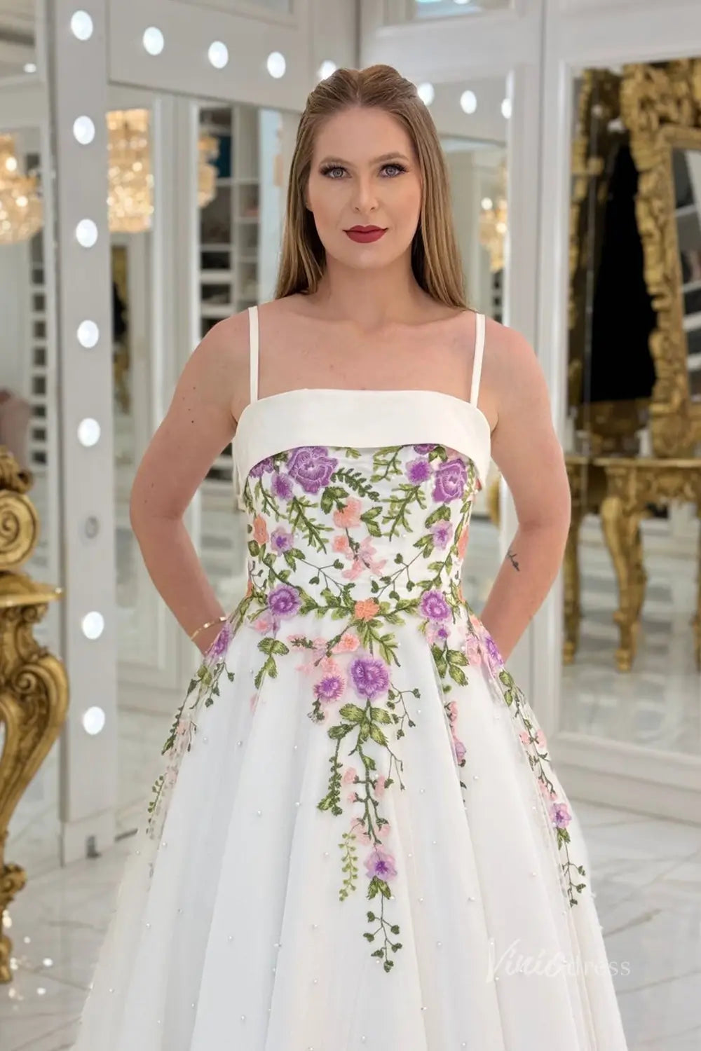 Lavender Floral Embroidered A-Line Wedding Dress with Satin Neckline, Spaghetti Straps & Pearls– FW249-wedding dresses 2025 -Viniodress-Ivory-Dress Only-Custom Size