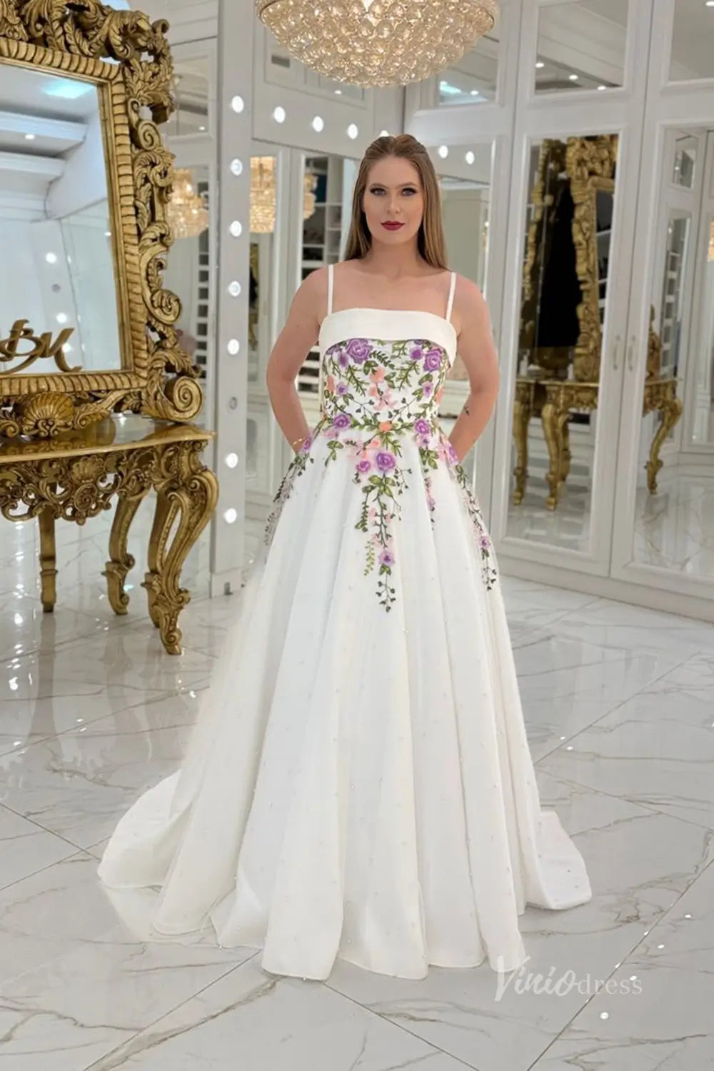 Lavender Floral Embroidered A-Line Wedding Dress with Satin Neckline, Spaghetti Straps & Pearls– FW249-wedding dresses 2025 -Viniodress-Ivory-Dress Only-Custom Size