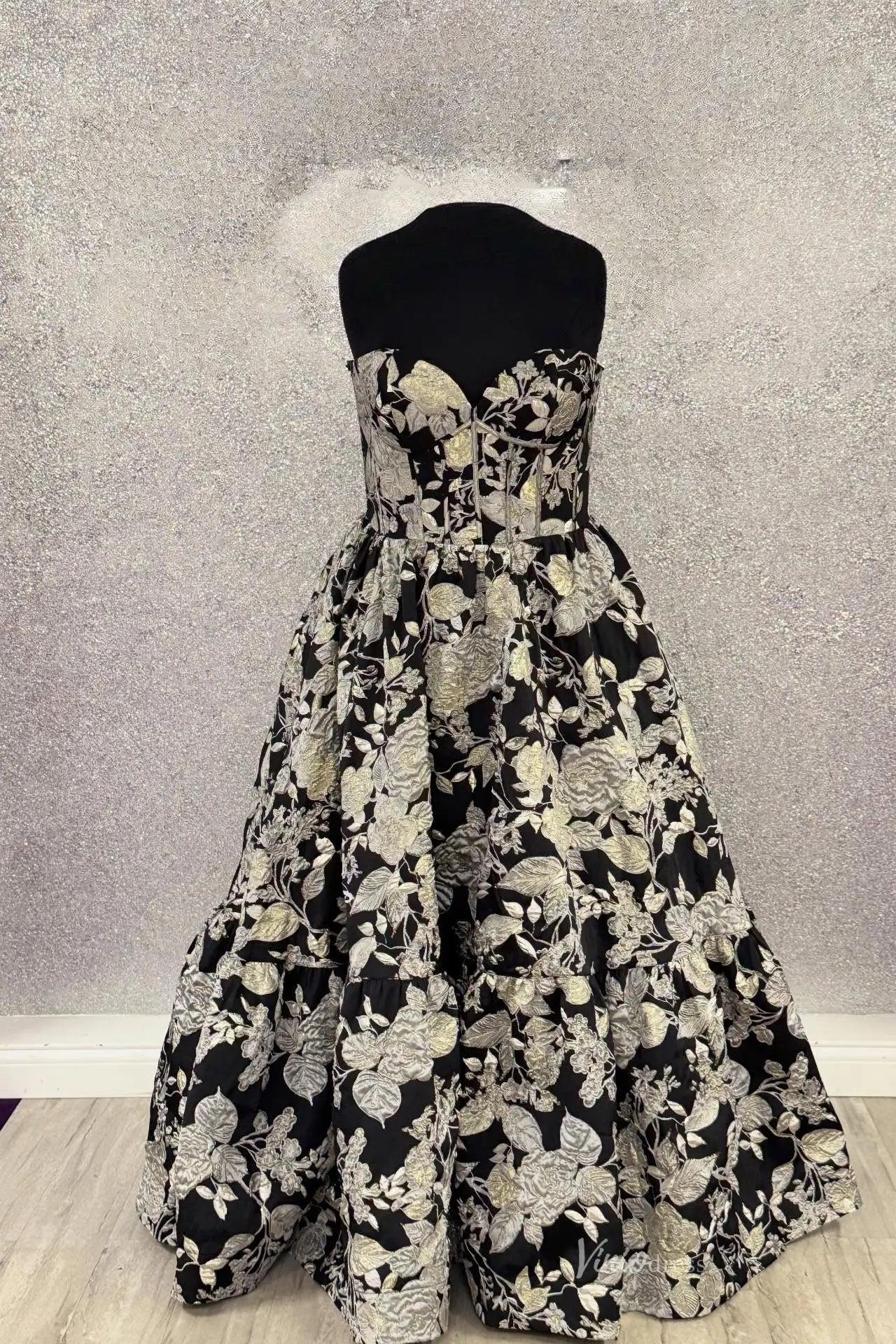 Pink Floral Jacquard Corset Ball Gown FD6117 | Viniodress Pink Floral Jacquard Corset Ball Gown FD6117 | Viniodress