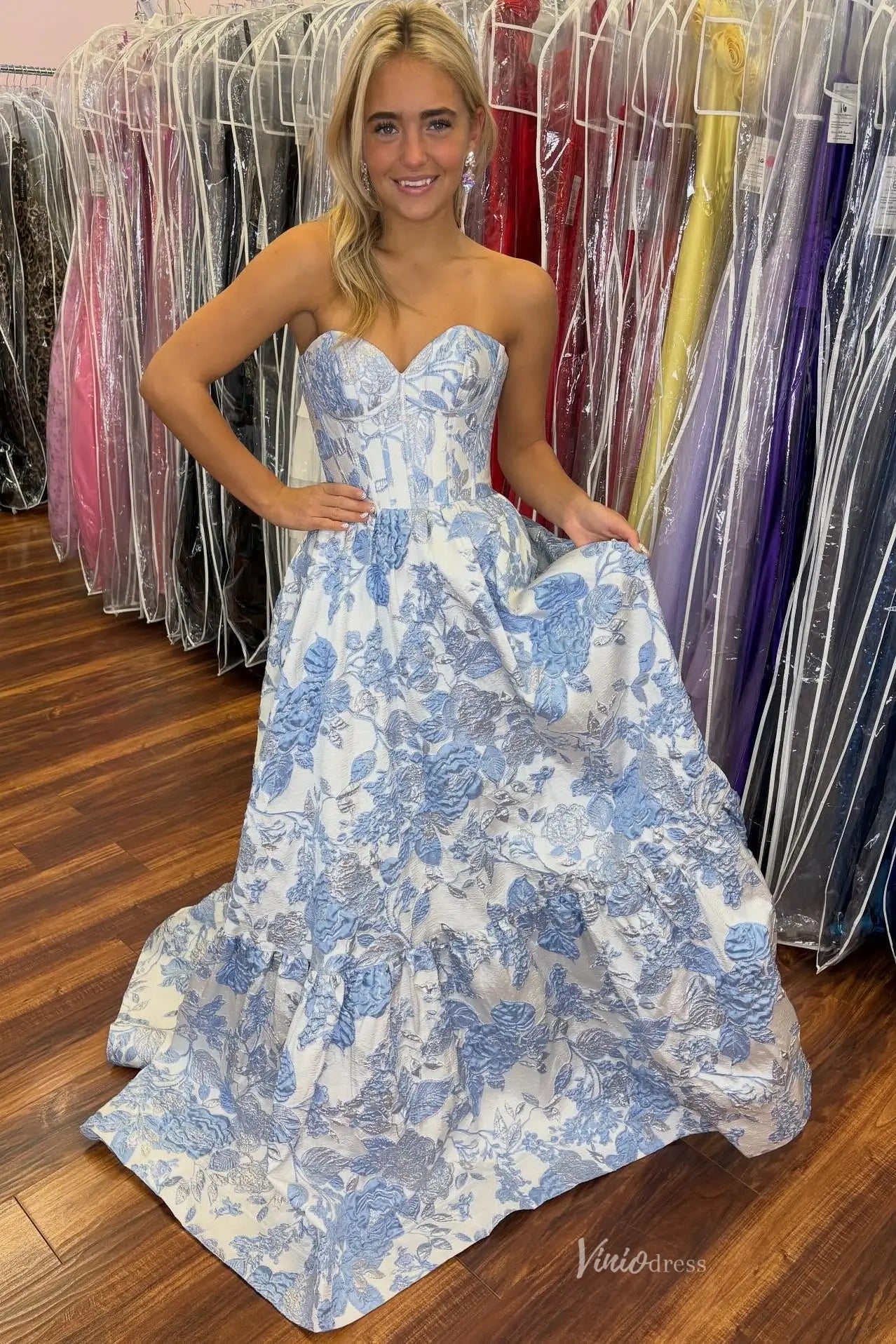 Lavender Floral Jacquard Prom Dress with Corset Bodice & Sweetheart Neckline – JC001-prom dresses 2026-Viniodress-Lavender-Custom Size-