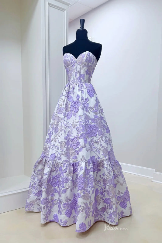 Lavender Floral Jacquard Prom Dress with Corset Bodice & Sweetheart Neckline – JC001-prom dresses 2026-Viniodress-Lavender-Custom Size-