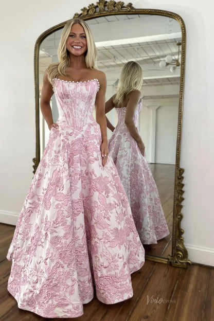 Lavender Floral Jacquard Prom Dresses with Strapless Corset Bodice JC015-prom dresses 2026-Viniodress-Blush-Custom Size – Add Measurements in Cart-