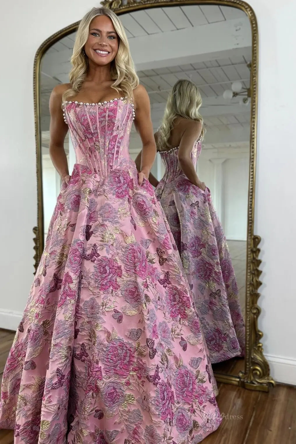 Lavender Floral Jacquard Prom Dresses with Strapless Corset Bodice JC015-prom dresses 2026-Viniodress-Dusty Blue-Custom Size – Add Measurements in Cart-